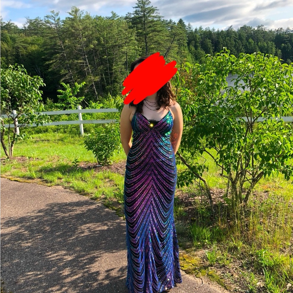 Vibrant Blue and Pink Sleeveless Spaghetti Strap Gown for Prom